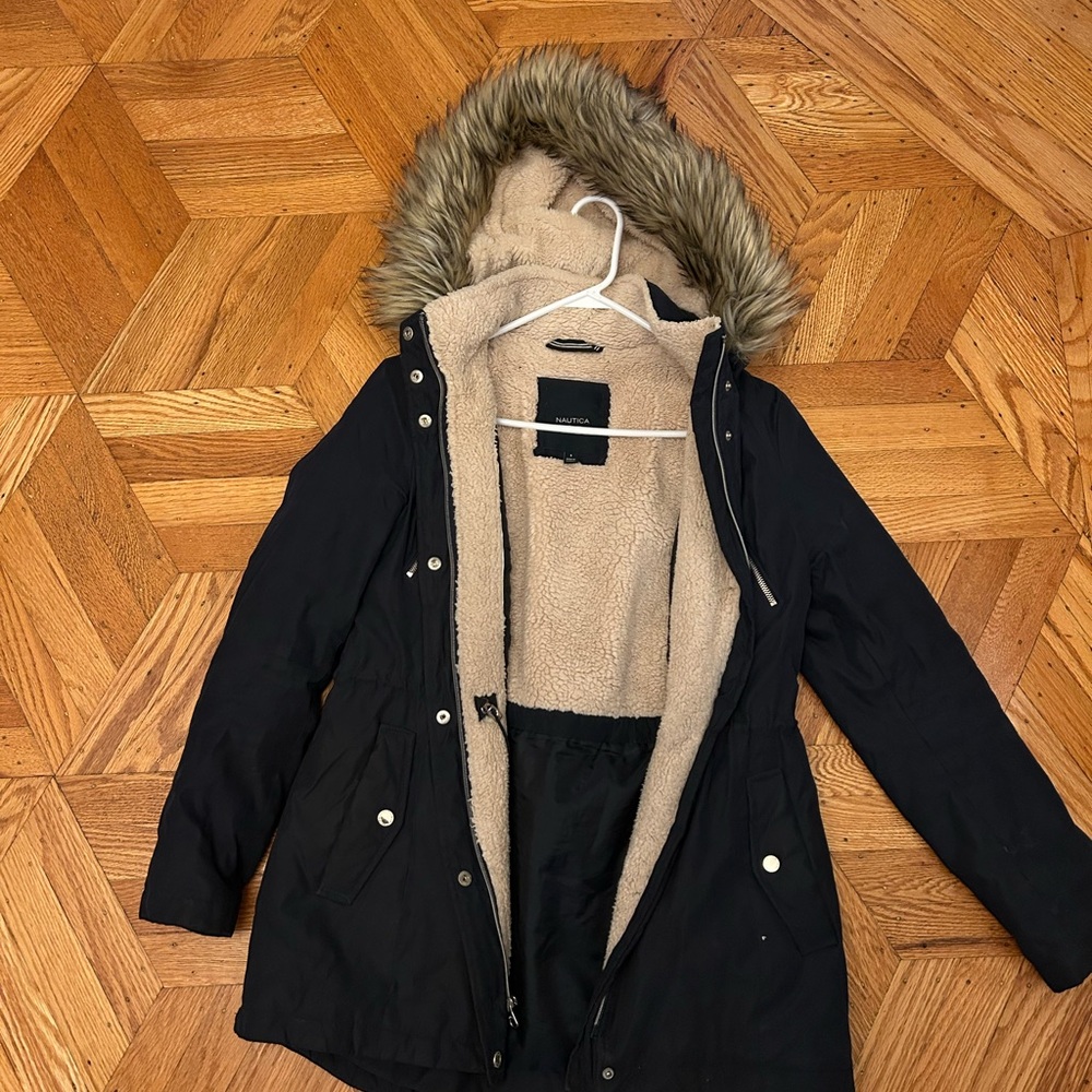 Nautica Navy Parka with Faux Fur Trim